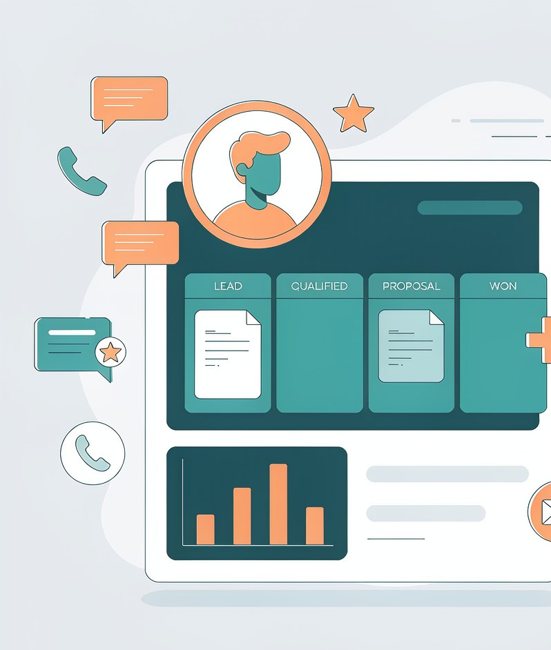 Illustration of a CRM sales pipeline dashboard